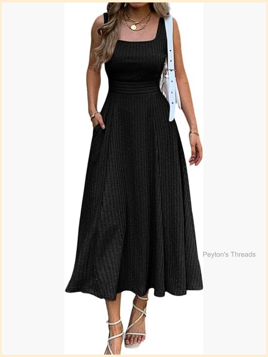 Dresses & Skirts - Square Neck Sleeveless Maxi Dress with Pockets A-Line Flowy